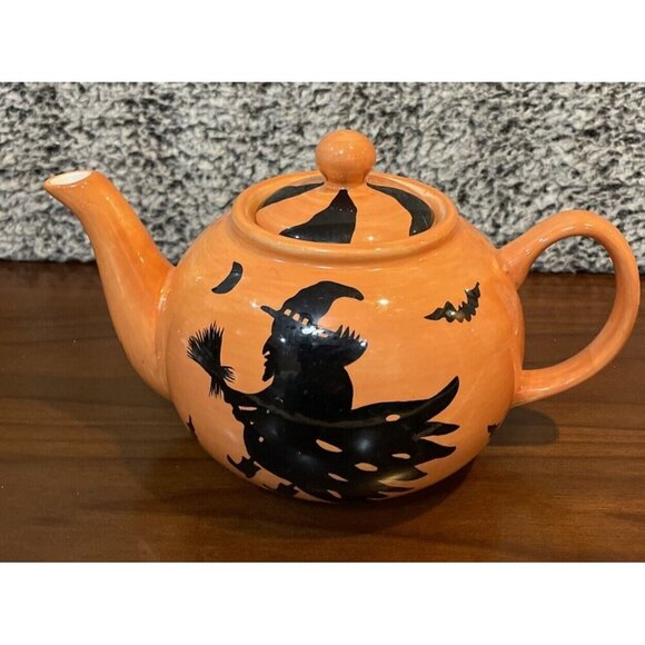 Laurie‎ Gates Ware Halloween Teapot Flying Witch Broom Orange Bats Festive - Picture 1 of 9